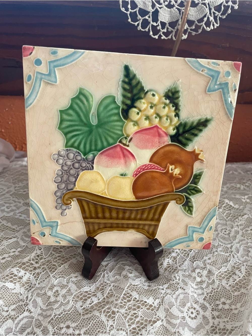 Hand-Painted Fruit Basket Ceramic Wall Tile - Cream, Green, Pink, Brown